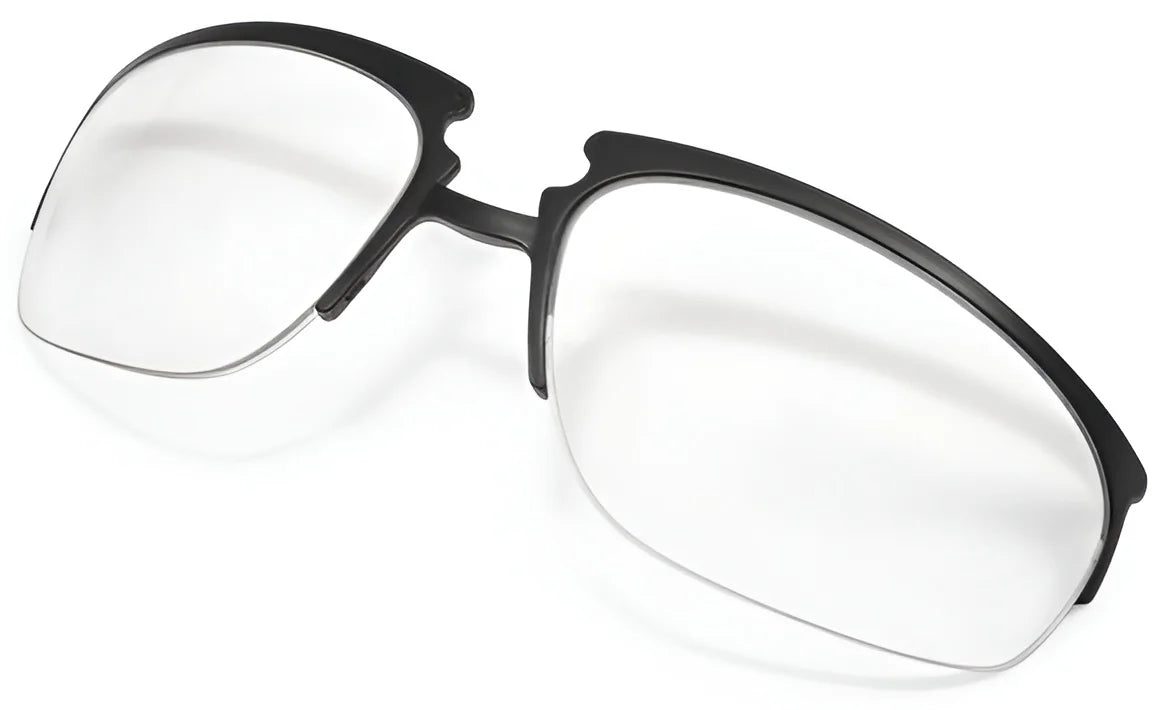 Black rectangular eyeglasses with clear lenses on a white background, featuring the Tifosi Optics VELOCE Rx Adaptor for a customized fit, brought to you by Tifosi Optics. Black rectangular eyeglasses with clear lenses on a white background, featuring the Tifosi Optics VELOCE Rx Adaptor for a customized fit, brought to you by Tifosi Optics.