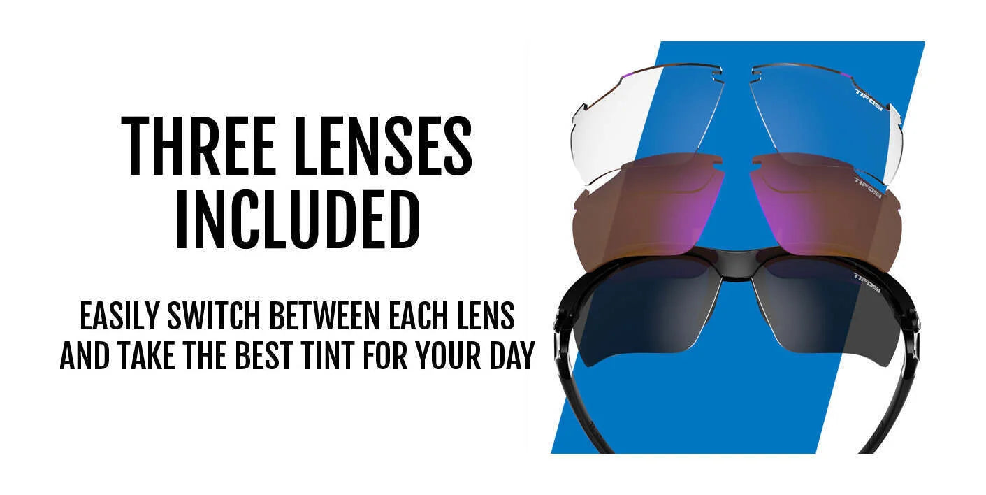 Tifosi Optics VERO Sunglasses, perfect for multi-sport activities, have three interchangeable lenses on a striking blue frame. Ideal for smaller faces, they offer tinted and clear options. Tifosi Optics VERO Sunglasses, perfect for multi-sport activities, have three interchangeable lenses on a striking blue frame. Ideal for smaller faces, they offer tinted and clear options.