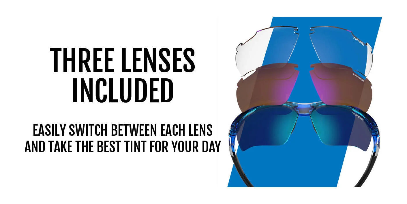 Image featuring Tifosi Optics VERO Sunglasses, size 64, with three interchangeable lenses. Text reads: "Three Lenses Included" and includes switching instructions, ideal for multi-sport activities and those with smaller faces looking for versatility and style. Image featuring Tifosi Optics VERO Sunglasses, size 64, with three interchangeable lenses. Text reads: "Three Lenses Included" and includes switching instructions, ideal for multi-sport activities and those with smaller faces looking for versatility and style.