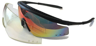 The Wiley X PT-2 Shield Sunglasses by Wiley X are black sports sunglasses with interchangeable mirrored and clear lenses, offering UV protection and an impact-resistant design for optimal performance.