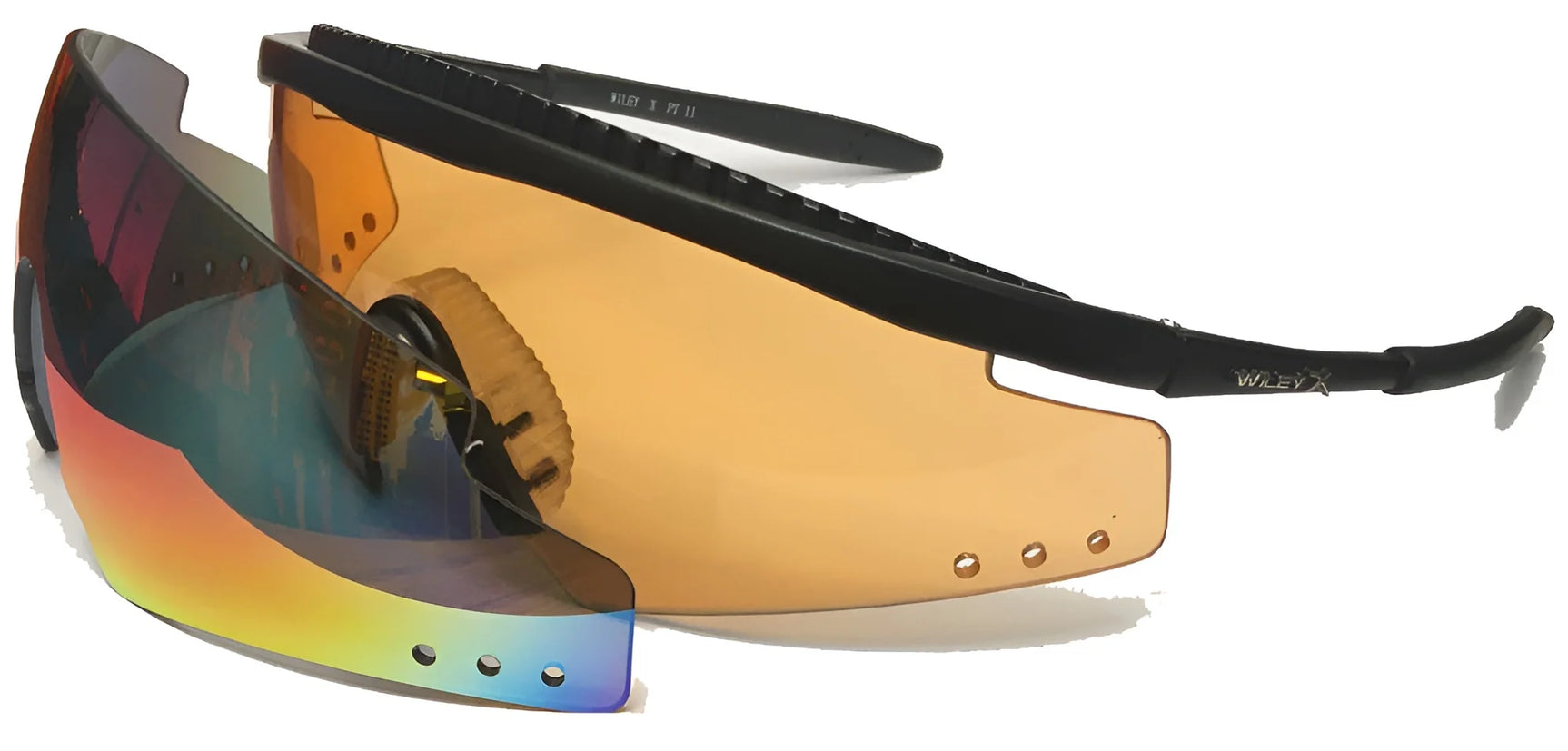Two pairs of Wiley X PT-2 Shield rimless sports sunglasses from the brand Wiley X, in black, feature interchangeable lenses—amber and rainbow. They offer superior UV protection and impact resistance, perfect for durability during outdoor adventures. Two pairs of Wiley X PT-2 Shield rimless sports sunglasses from the brand Wiley X, in black, feature interchangeable lenses—amber and rainbow. They offer superior UV protection and impact resistance, perfect for durability during outdoor adventures.