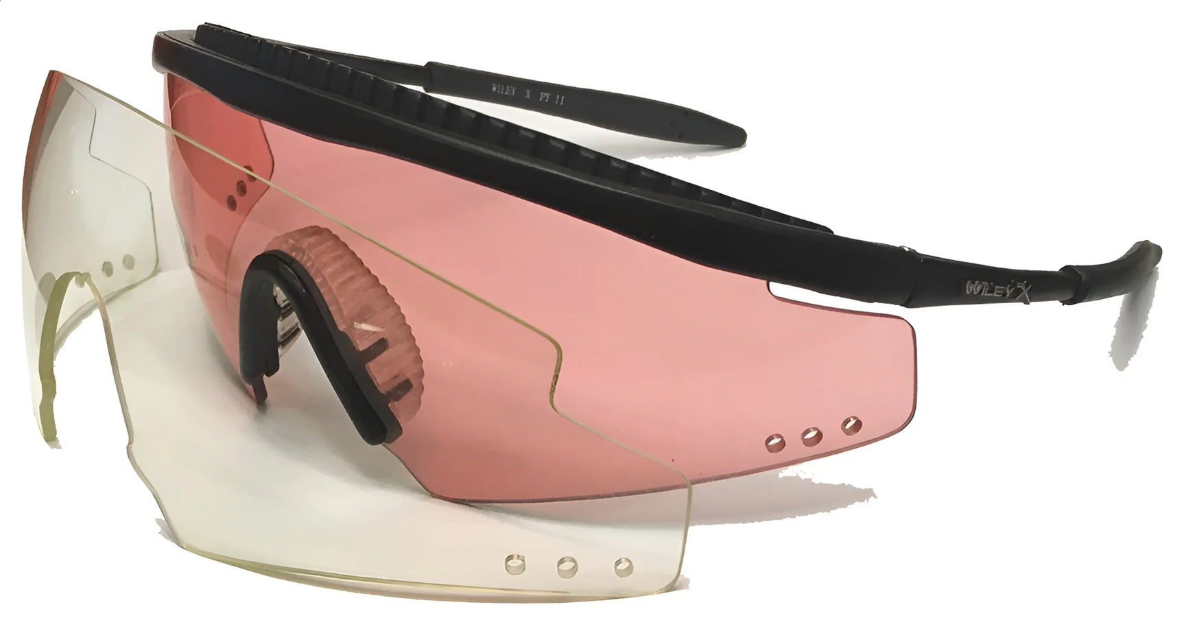 The Wiley X PT-2 Shield Sunglasses in black feature impact-resistant, interchangeable pink and clear lenses for optimal UV protection against a white background. The Wiley X PT-2 Shield Sunglasses in black feature impact-resistant, interchangeable pink and clear lenses for optimal UV protection against a white background.