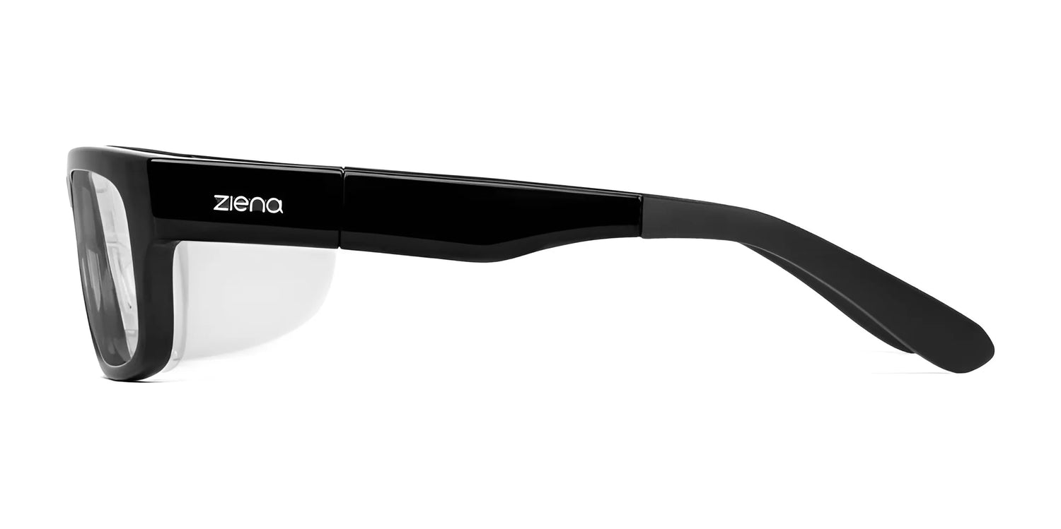 Side view of Ziena Kai Eyeglasses, size 52, in black with a wraparound design and soft silicone eyecup for comfort, featuring clear lenses. Side view of Ziena Kai Eyeglasses, size 52, in black with a wraparound design and soft silicone eyecup for comfort, featuring clear lenses.