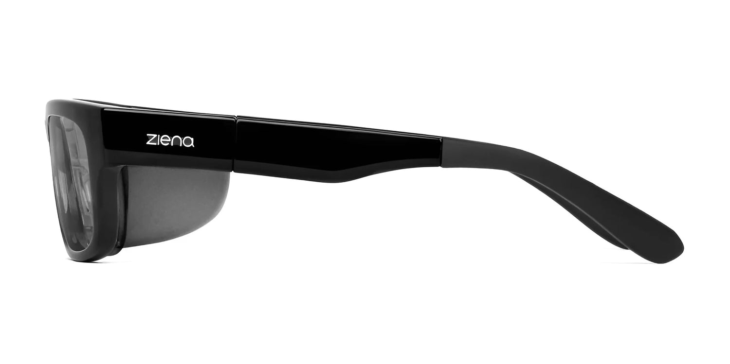 Side view of sleek black Ziena Kai Eyeglasses, Size 52, showcasing a wraparound design with soft silicone eyecup and the brand name "Ziena" on the temple for enhanced optical clarity. Side view of sleek black Ziena Kai Eyeglasses, Size 52, showcasing a wraparound design with soft silicone eyecup and the brand name "Ziena" on the temple for enhanced optical clarity.