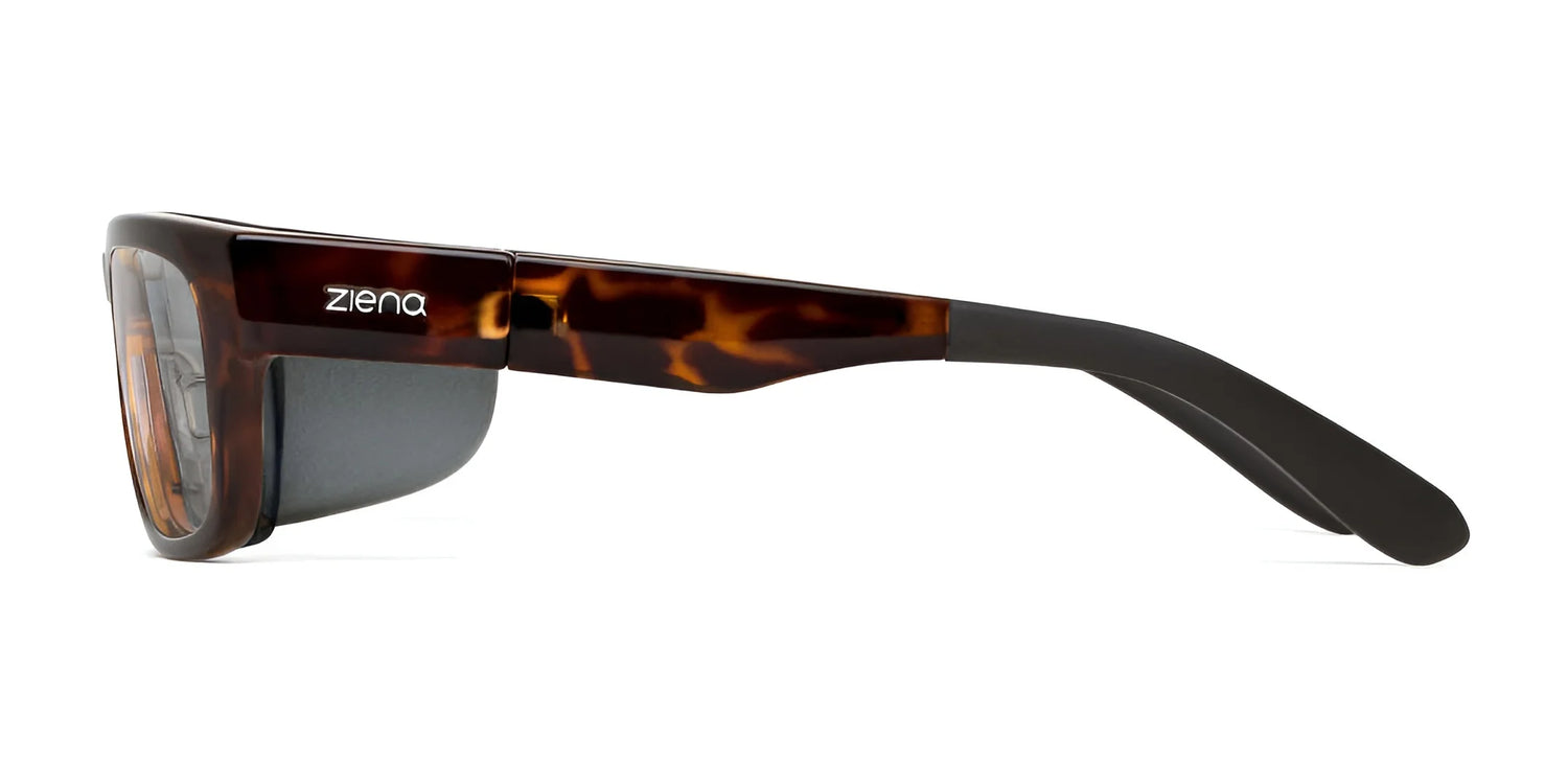 Side view of tortoiseshell Ziena Kai Eyeglasses, size 52, with black arms. The left arm displays the "Ziena" logo. Features Optical Clarity Lenses for clear vision. Side view of tortoiseshell Ziena Kai Eyeglasses, size 52, with black arms. The left arm displays the "Ziena" logo. Features Optical Clarity Lenses for clear vision.