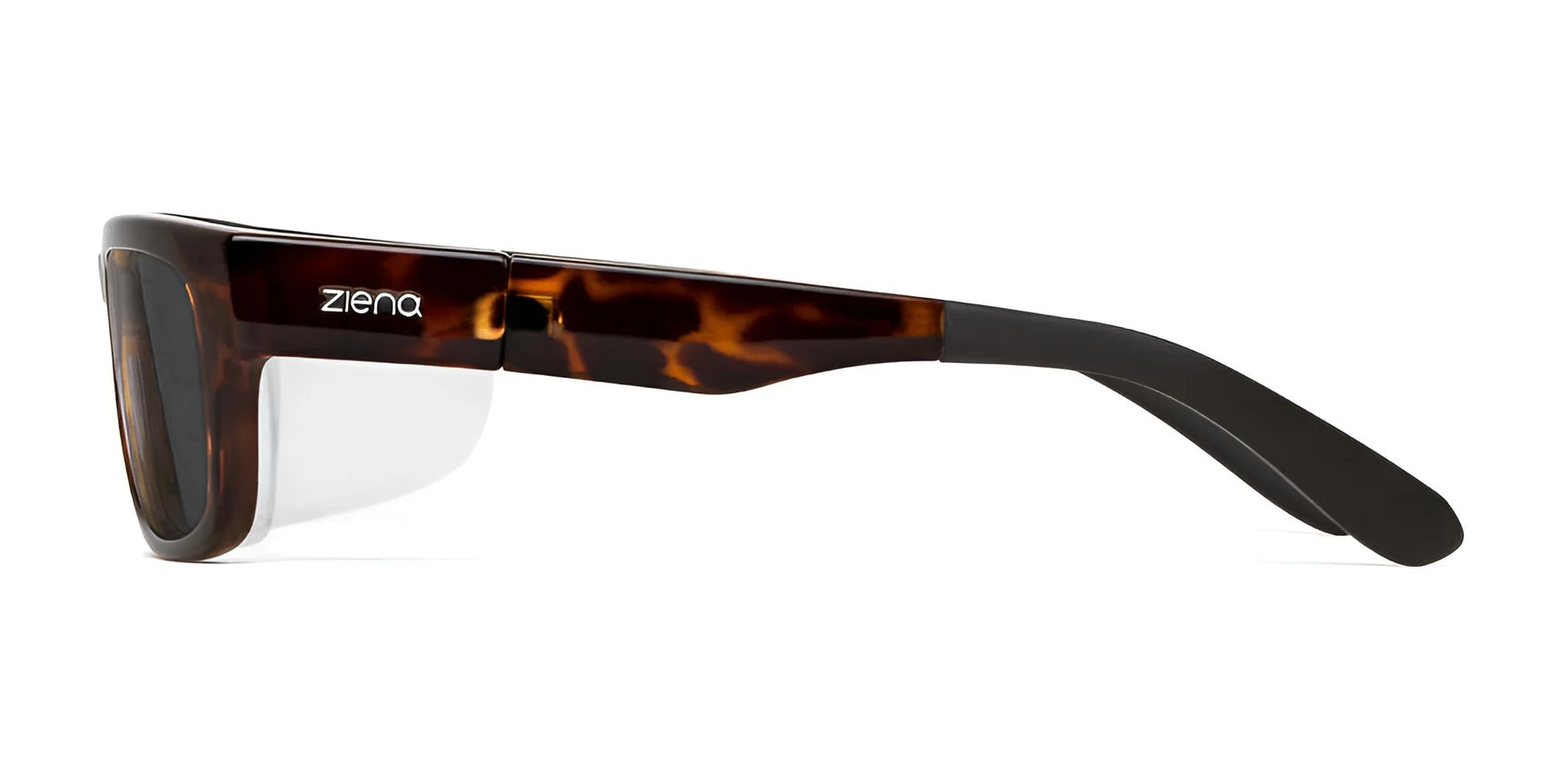 Side view of Ziena Kai Sunglasses, size 52, with tortoiseshell frames and black temple tips, featuring polarized lenses with UV protection and branded "Ziena" on the frame. Side view of Ziena Kai Sunglasses, size 52, with tortoiseshell frames and black temple tips, featuring polarized lenses with UV protection and branded "Ziena" on the frame.