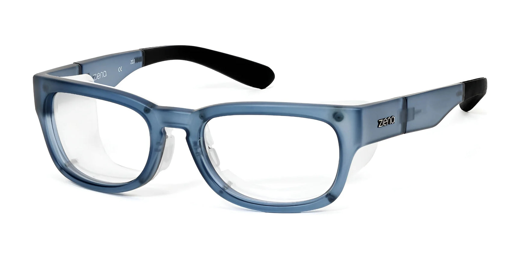 Ziena Kai Sunglasses, Size 52, are blue rectangular frames with clear lenses, UV protection, and black temple tips. "Zero" is branded on the sides. Ziena Kai Sunglasses, Size 52, are blue rectangular frames with clear lenses, UV protection, and black temple tips. "Zero" is branded on the sides.