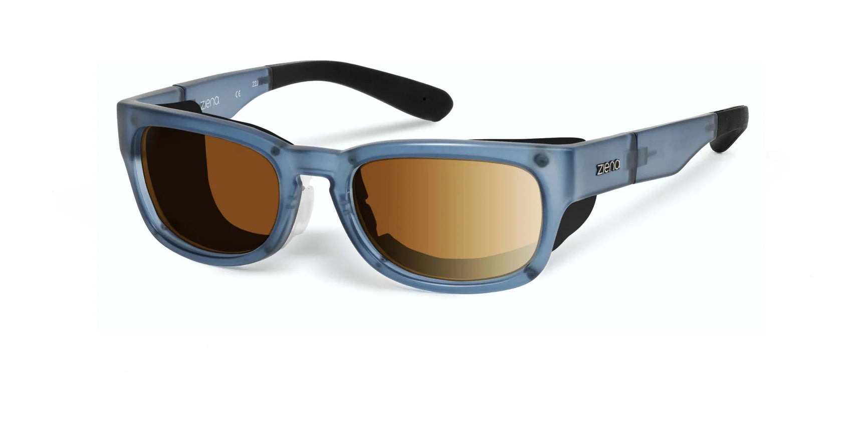 Ziena Kai Sunglasses, size 52, feature blue frames, brown polarized lenses for UV protection, and black temple tips on a white background. Ziena Kai Sunglasses, size 52, feature blue frames, brown polarized lenses for UV protection, and black temple tips on a white background.