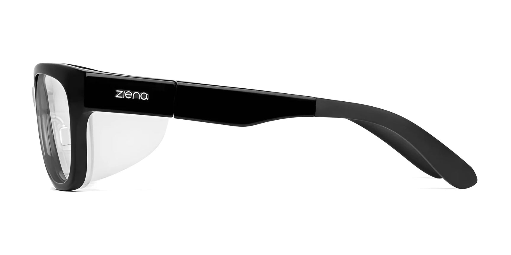 Side view of Ziena Marina Eyeglasses, size 56, featuring black frames and clear lenses for exceptional optical clarity with the "Ziena" brand name on the temple arm. Side view of Ziena Marina Eyeglasses, size 56, featuring black frames and clear lenses for exceptional optical clarity with the "Ziena" brand name on the temple arm.