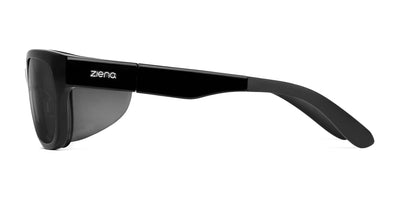 Side view of stylish Ziena Marina Sunglasses, size 56, in sleek black design with a "Ziena" logo on the temple. These fashion-forward accessories feature UV-blocking lenses.