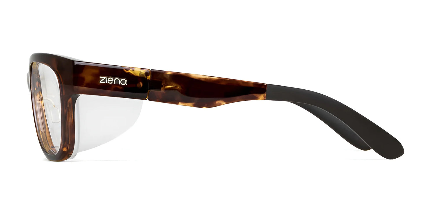 The side view highlights the Ziena Marina Eyeglasses, size 56, in stylish tortoiseshell and black with transparent inserts and "Ziena" branding, designed for optical clarity and effective UVA+UVB protection. The side view highlights the Ziena Marina Eyeglasses, size 56, in stylish tortoiseshell and black with transparent inserts and "Ziena" branding, designed for optical clarity and effective UVA+UVB protection.