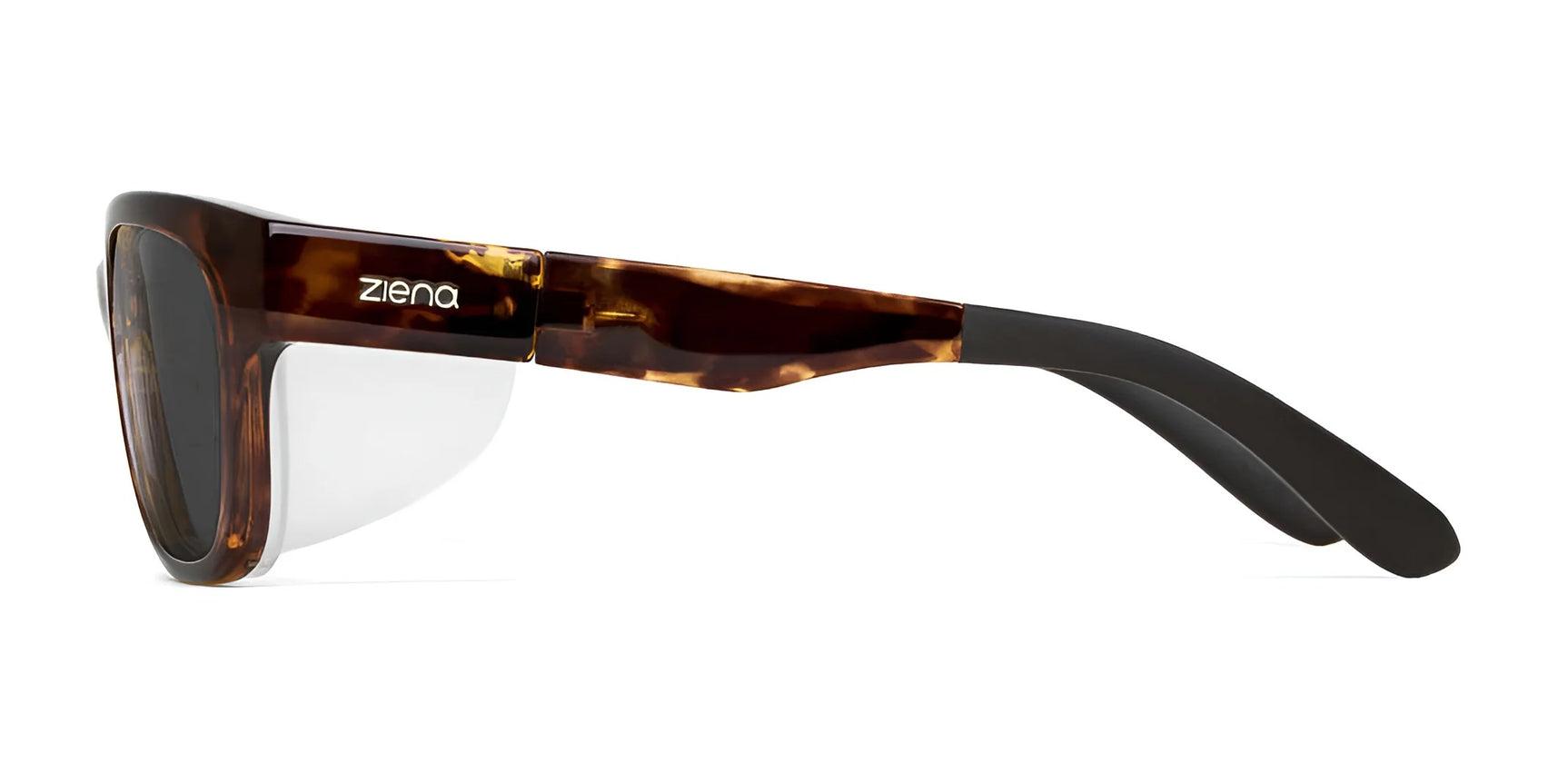 The Ziena Marina Sunglasses | Size 56 feature tortoiseshell frames with clear side shields, black arms with the Ziena logo, and UV-blocking lenses, combining style and protection. The Ziena Marina Sunglasses | Size 56 feature tortoiseshell frames with clear side shields, black arms with the Ziena logo, and UV-blocking lenses, combining style and protection.
