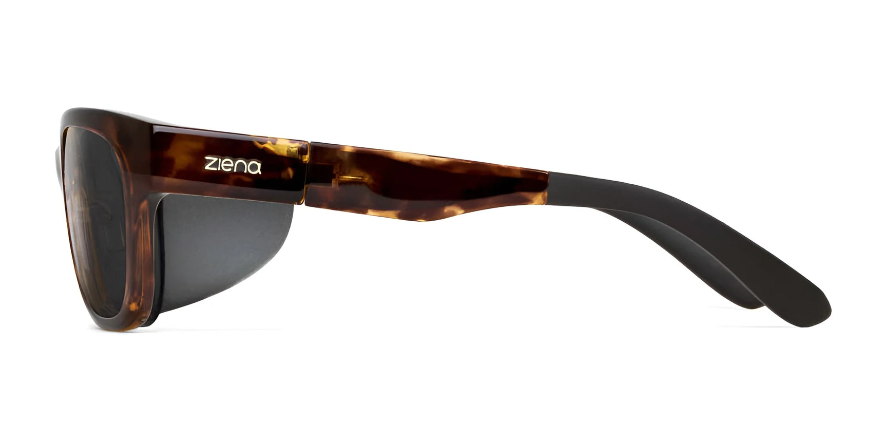 Side view of the stylish Ziena Marina Sunglasses, featuring tortoiseshell frames with black side shields, "Ziena" branding on the temples, and UV-blocking lenses. Side view of the stylish Ziena Marina Sunglasses, featuring tortoiseshell frames with black side shields, "Ziena" branding on the temples, and UV-blocking lenses.