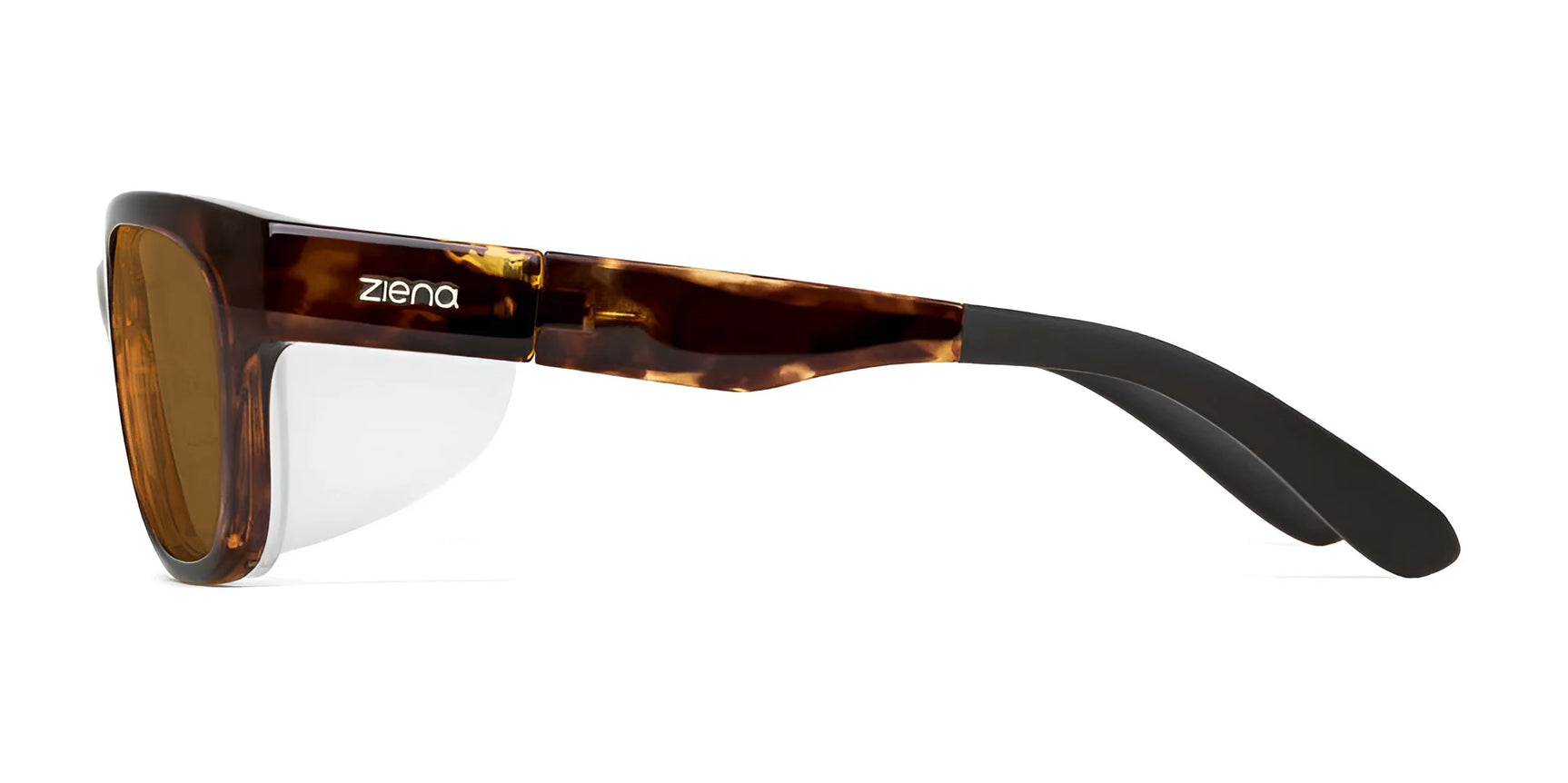 Side view of Ziena Marina Sunglasses, a stylish accessory with tortoiseshell wraparound frames, translucent side shields, black temples, and UV-blocking lenses. Brand: Ziena. Size: 56. Side view of Ziena Marina Sunglasses, a stylish accessory with tortoiseshell wraparound frames, translucent side shields, black temples, and UV-blocking lenses. Brand: Ziena. Size: 56.