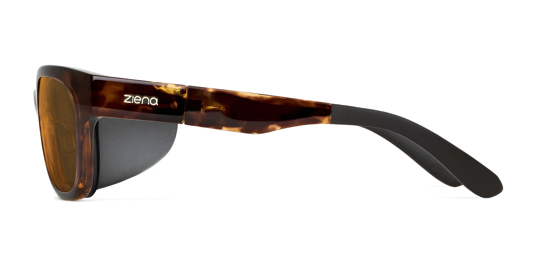 Side view of Ziena Marina Sunglasses, Size 56, showcasing tortoiseshell frames with black wrap-around protective shields and UV-blocking dark lenses. Side view of Ziena Marina Sunglasses, Size 56, showcasing tortoiseshell frames with black wrap-around protective shields and UV-blocking dark lenses.