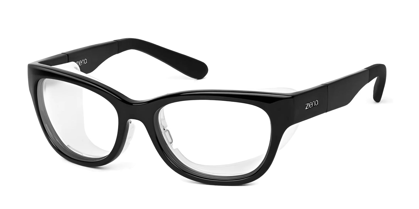 The Ziena Marina Eyeglasses, sized 56, feature sleek black rectangular frames and clear lenses set against a white background for optimal optical clarity. The Ziena Marina Eyeglasses, sized 56, feature sleek black rectangular frames and clear lenses set against a white background for optimal optical clarity.