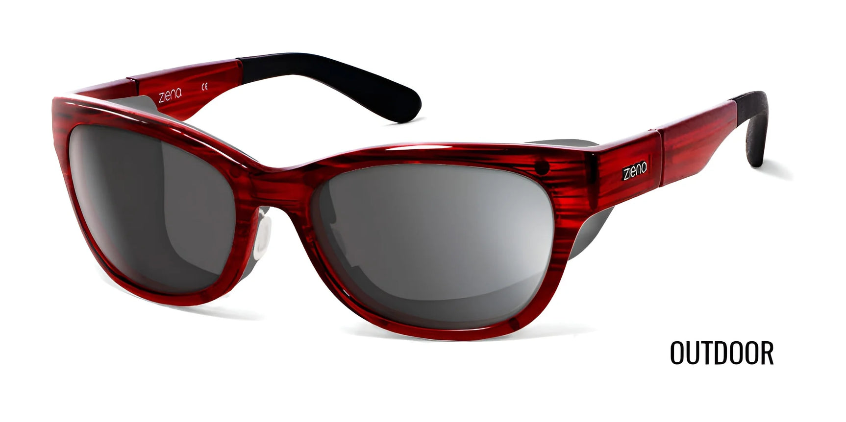 The Ziena Marina Sunglasses, Size 56, with red frames and dark UV-blocking lenses are displayed on a white background. The word "OUTDOOR" appears on the right to emphasize this stylish accessory. The Ziena Marina Sunglasses, Size 56, with red frames and dark UV-blocking lenses are displayed on a white background. The word "OUTDOOR" appears on the right to emphasize this stylish accessory.