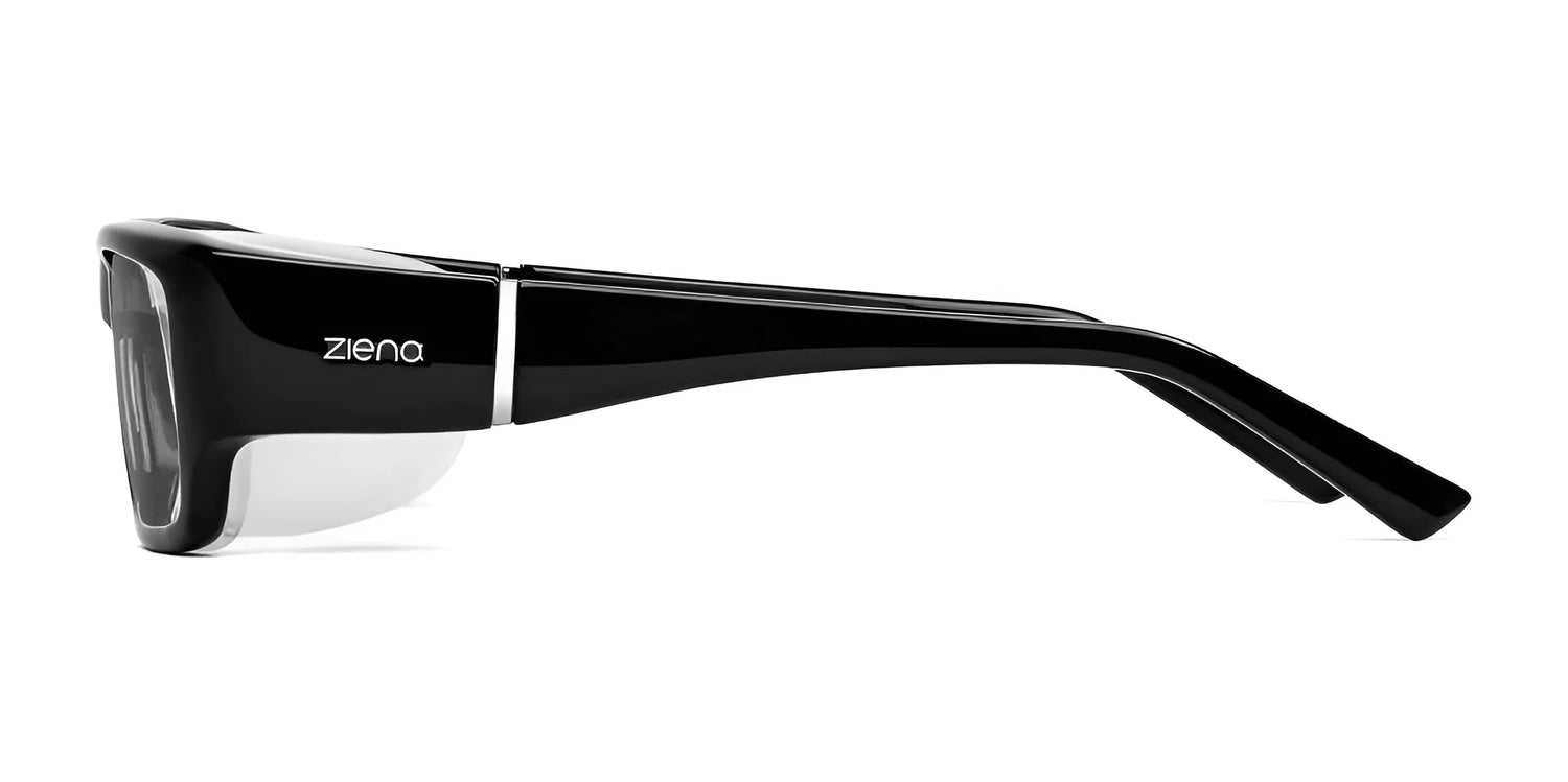 Side view of Ziena Nereus Eyeglasses (Size 55) in black, featuring a sleek frame with logo on the arm, providing optical clarity lenses and UVA+UVB sun protection. Side view of Ziena Nereus Eyeglasses (Size 55) in black, featuring a sleek frame with logo on the arm, providing optical clarity lenses and UVA+UVB sun protection.