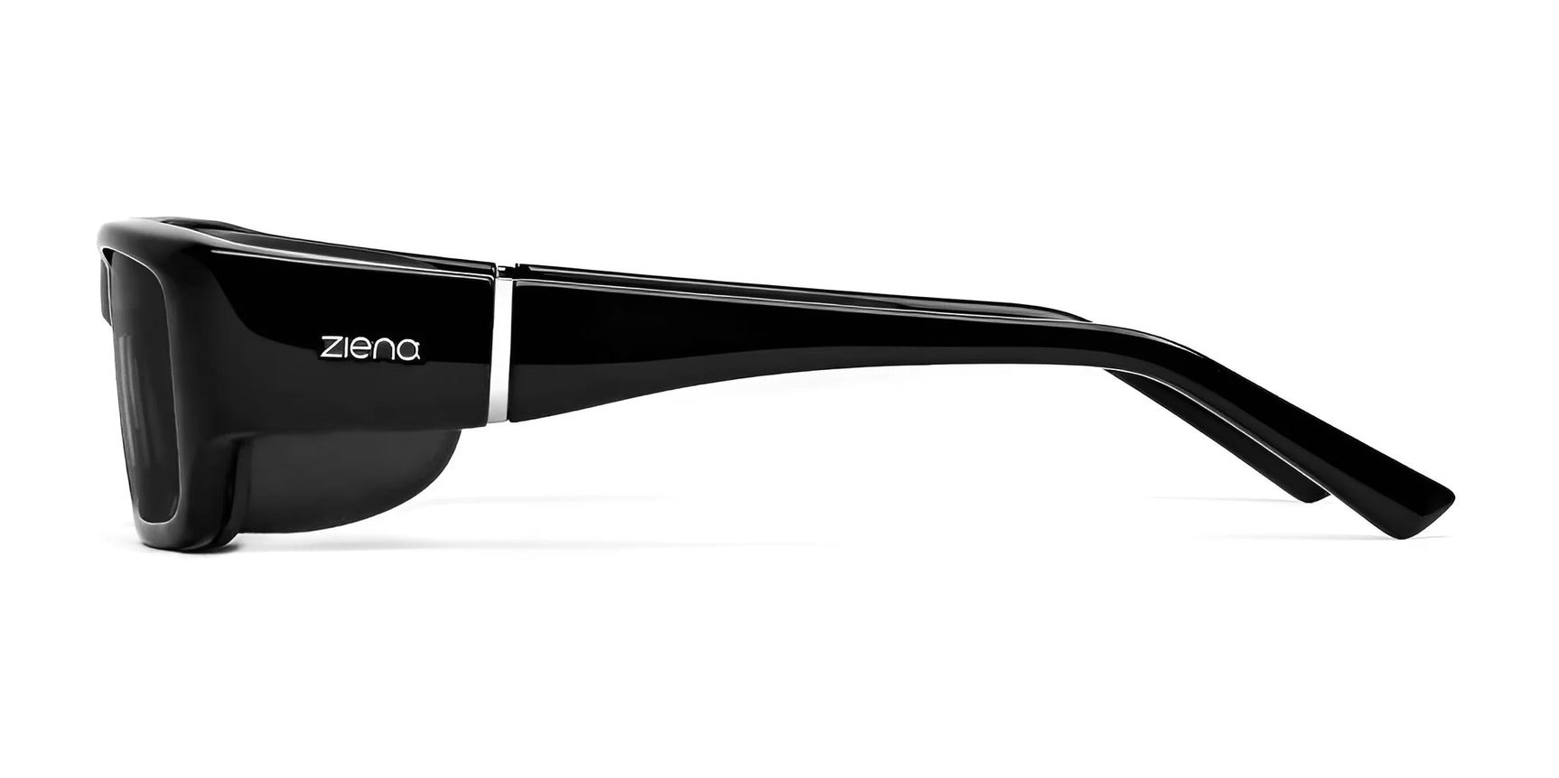 Side view of Ziena Nereus Sunglasses | Size 55 in black with a wraparound design and thick arms, featuring Optical Clarity Lenses for UVA and UVB protection. Side view of Ziena Nereus Sunglasses | Size 55 in black with a wraparound design and thick arms, featuring Optical Clarity Lenses for UVA and UVB protection.