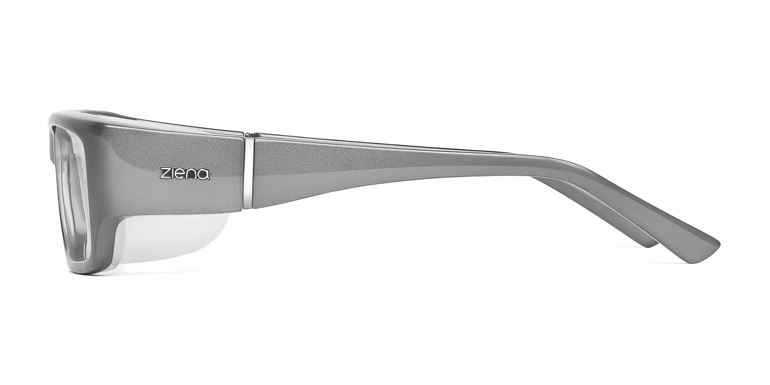 Profile view of Ziena Nereus Eyeglasses in gray, size 55, includes side shields and optical clarity lenses for improved vision. Profile view of Ziena Nereus Eyeglasses in gray, size 55, includes side shields and optical clarity lenses for improved vision.
