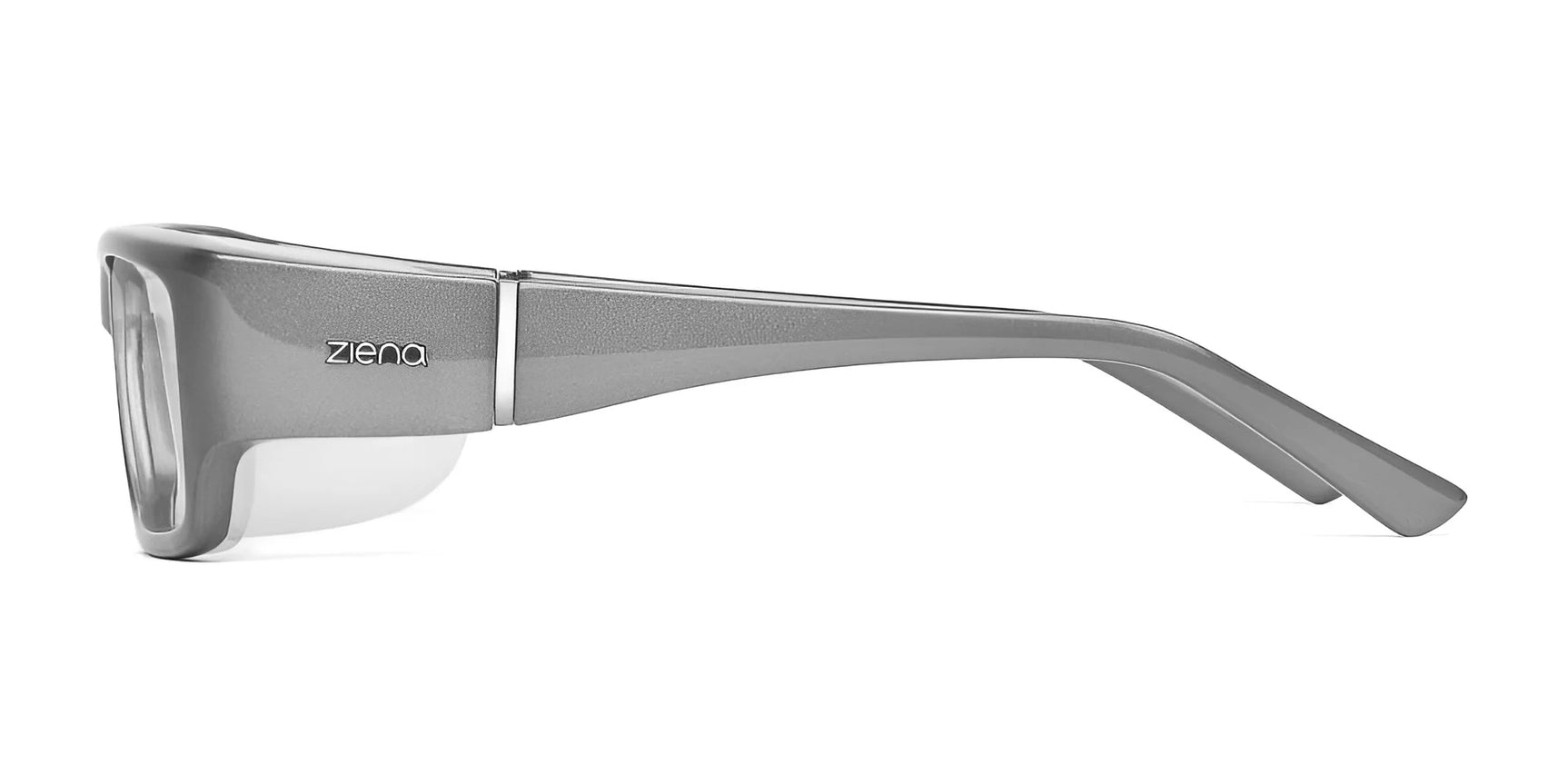 Profile view of Ziena Nereus Eyeglasses in gray, size 55, includes side shields and optical clarity lenses for improved vision. Profile view of Ziena Nereus Eyeglasses in gray, size 55, includes side shields and optical clarity lenses for improved vision.
