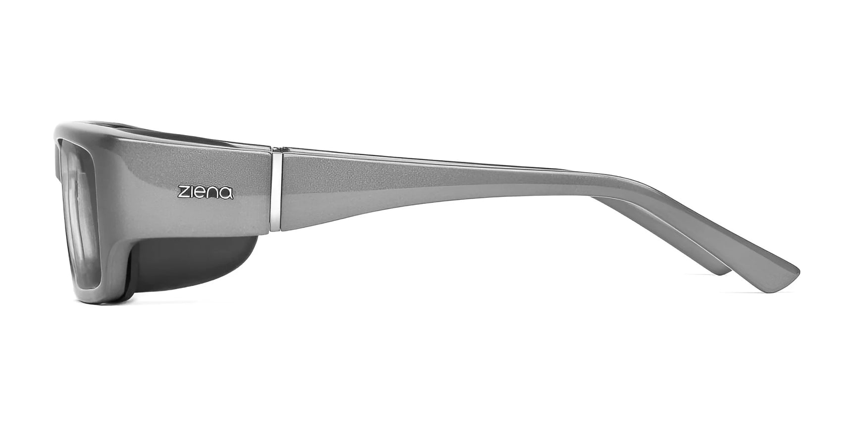 Side view of Ziena's silver Nereus Eyeglasses, Size 55, showcasing wraparound design and side shields with lenses offering optical clarity and UVA+UVB protection. Side view of Ziena's silver Nereus Eyeglasses, Size 55, showcasing wraparound design and side shields with lenses offering optical clarity and UVA+UVB protection.