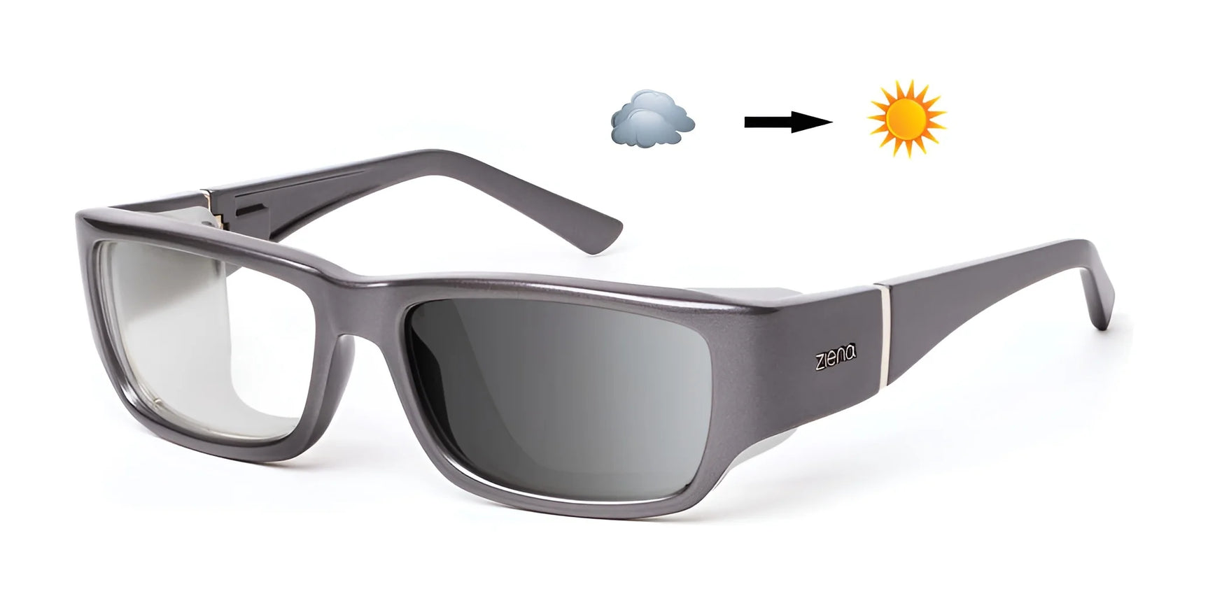 The Ziena Nereus Sunglasses in Gray, featuring optical clarity lenses, are displayed beside a weather icon changing from cloudy to sunny, highlighting their photoreactive lens transition that offers UVA and UVB protection. The Ziena Nereus Sunglasses in Gray, featuring optical clarity lenses, are displayed beside a weather icon changing from cloudy to sunny, highlighting their photoreactive lens transition that offers UVA and UVB protection.
