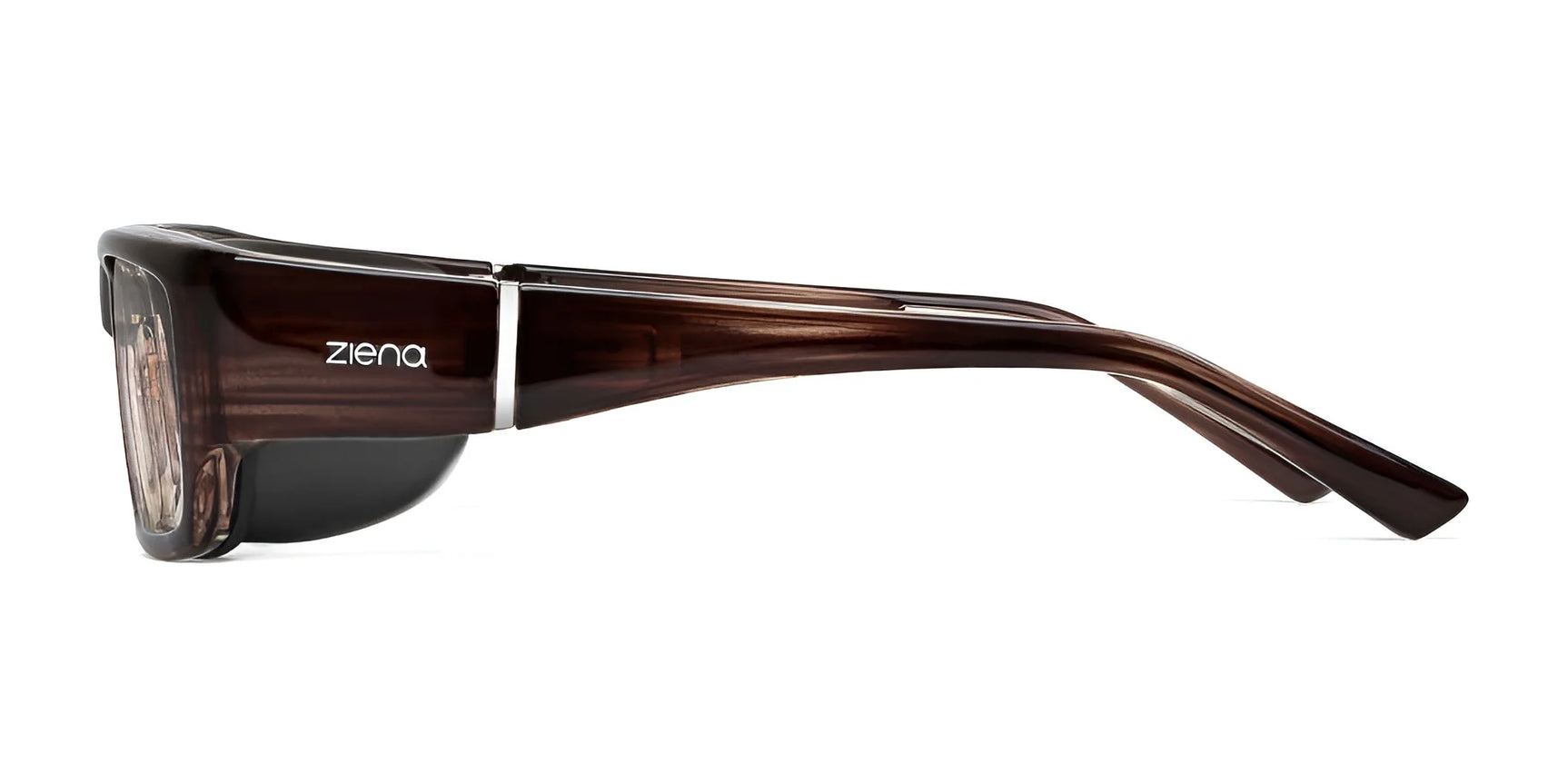 Side view of Ziena's Nereus Eyeglasses, size 55, in brown with thick frames and curved temples, featuring Optical Clarity Lenses for UVA+UVB protection. Side view of Ziena's Nereus Eyeglasses, size 55, in brown with thick frames and curved temples, featuring Optical Clarity Lenses for UVA+UVB protection.