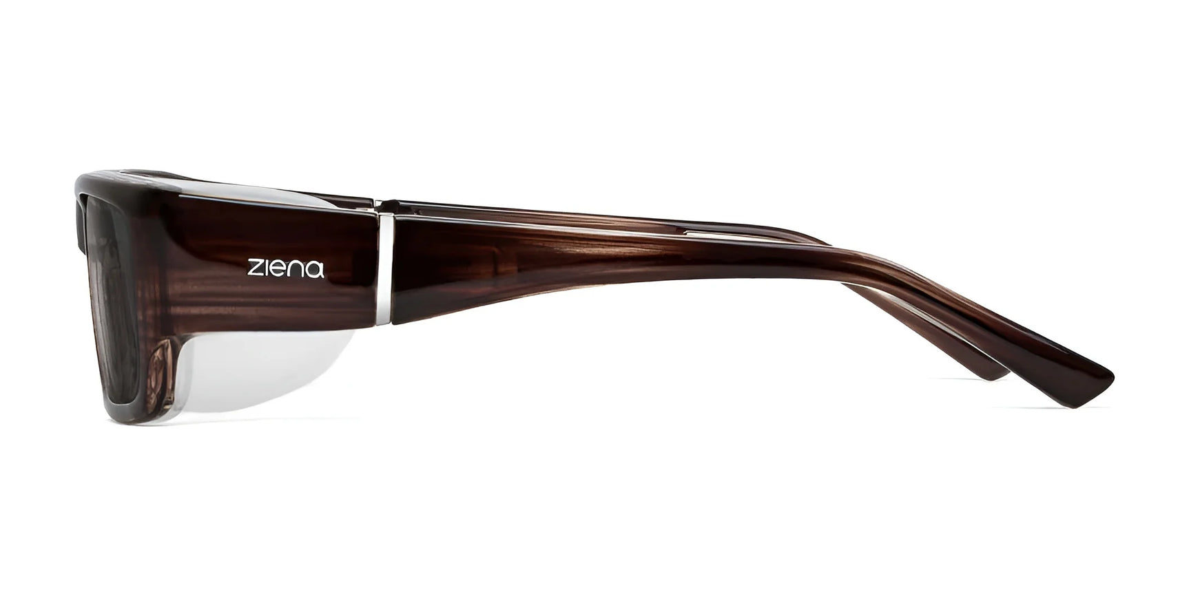 Side view of Ziena Nereus sunglasses, size 55, showing the wraparound design with integrated foam eye cup for superior UVA/UVB protection in a dark brown finish. Side view of Ziena Nereus sunglasses, size 55, showing the wraparound design with integrated foam eye cup for superior UVA/UVB protection in a dark brown finish.