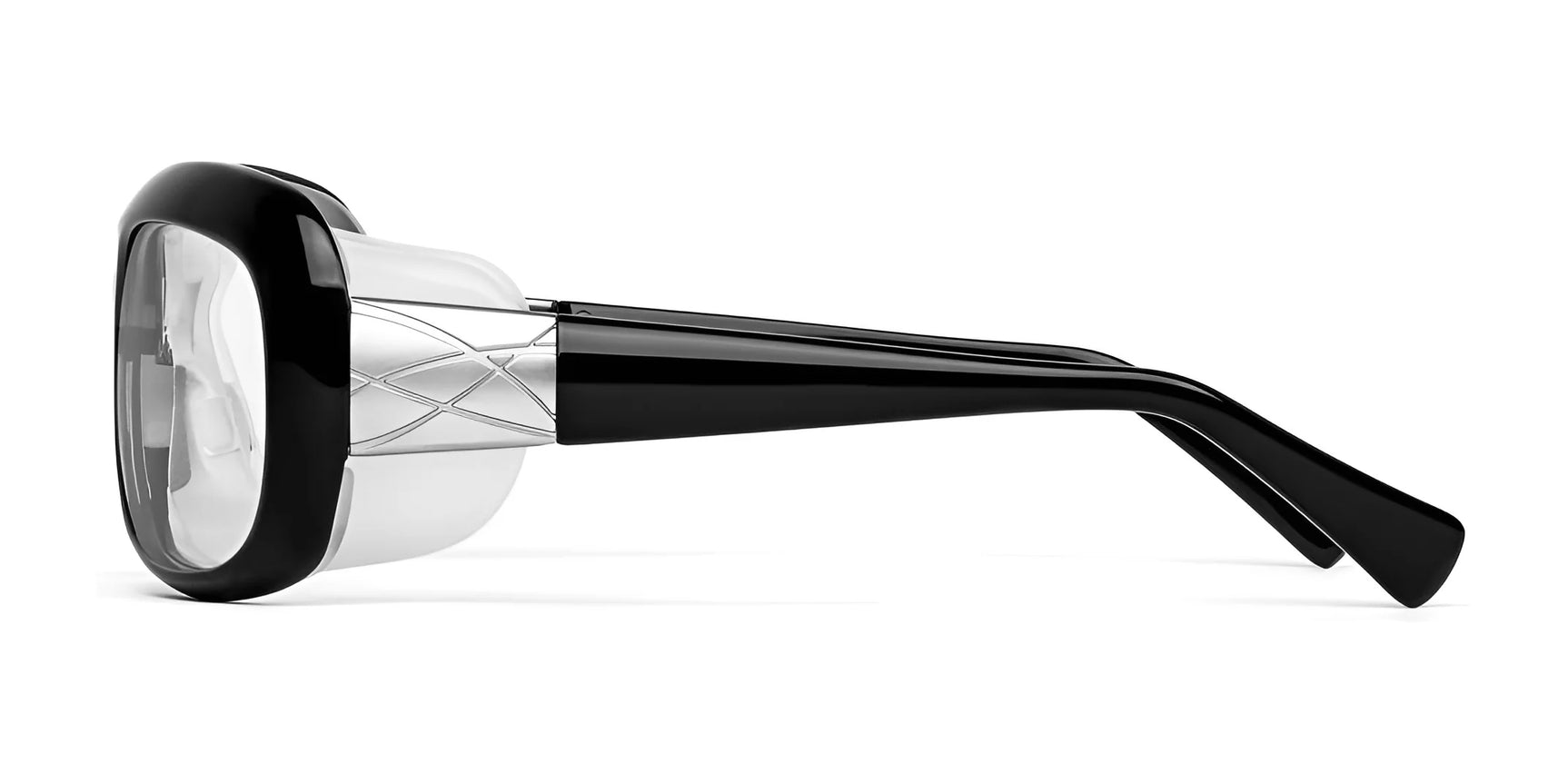 A side view of the black-rimmed, square Ziena Oasis Eyeglasses by Ziena, featuring silver detailing on the arms for eye protection against a white background. A side view of the black-rimmed, square Ziena Oasis Eyeglasses by Ziena, featuring silver detailing on the arms for eye protection against a white background.