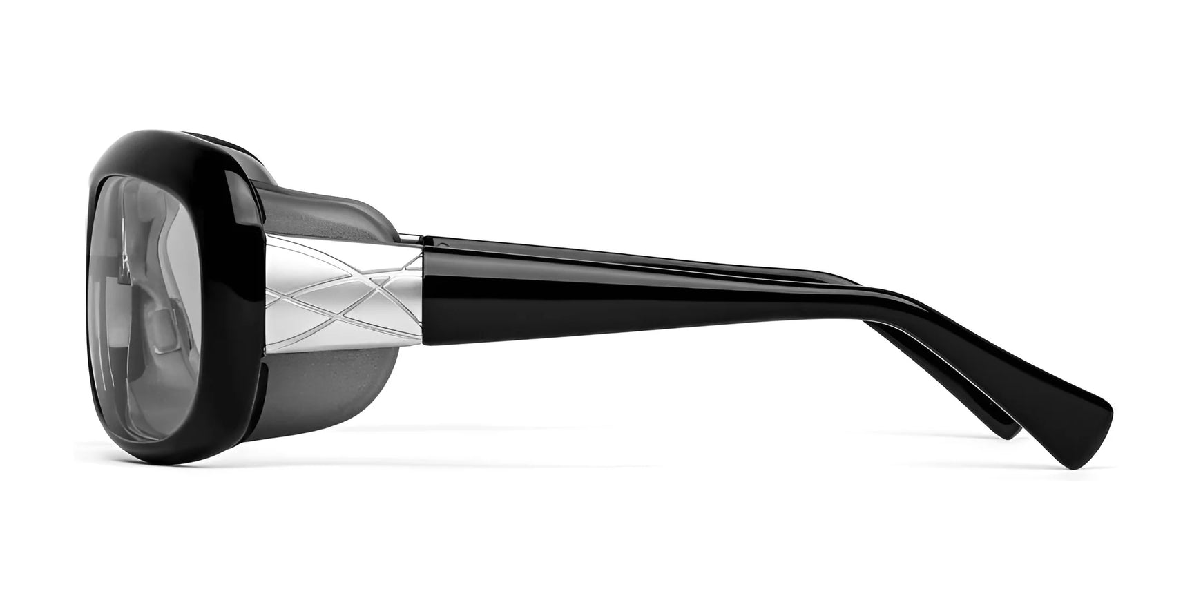 Side view of Ziena Oasis Eyeglasses Size 61, showcasing black frames with silver crisscross design on the temples, ideal for eye protection. Side view of Ziena Oasis Eyeglasses Size 61, showcasing black frames with silver crisscross design on the temples, ideal for eye protection.