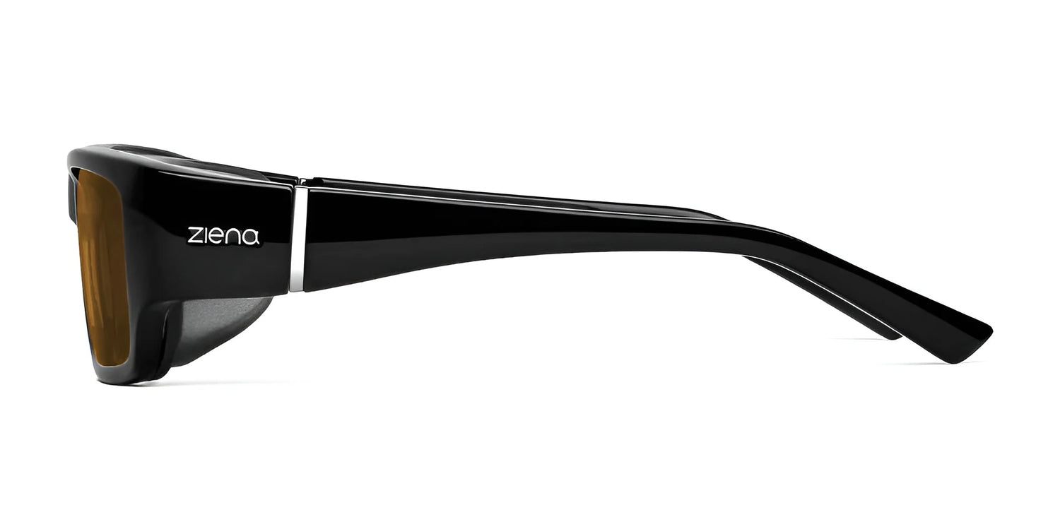 Side view of the Ziena Seacrest Sunglasses Size 54, showing black frames with brown Optical Clarity Lenses, thick arms, and excellent UV protection. Side view of the Ziena Seacrest Sunglasses Size 54, showing black frames with brown Optical Clarity Lenses, thick arms, and excellent UV protection.