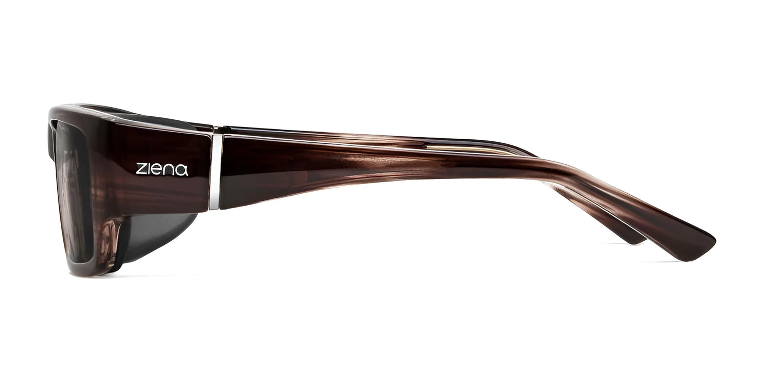 Side view of Ziena Seacrest Sunglasses in brown, size 54, with Ziena logo on the temple and Optical Clarity Lenses for enhanced vision. Side view of Ziena Seacrest Sunglasses in brown, size 54, with Ziena logo on the temple and Optical Clarity Lenses for enhanced vision.