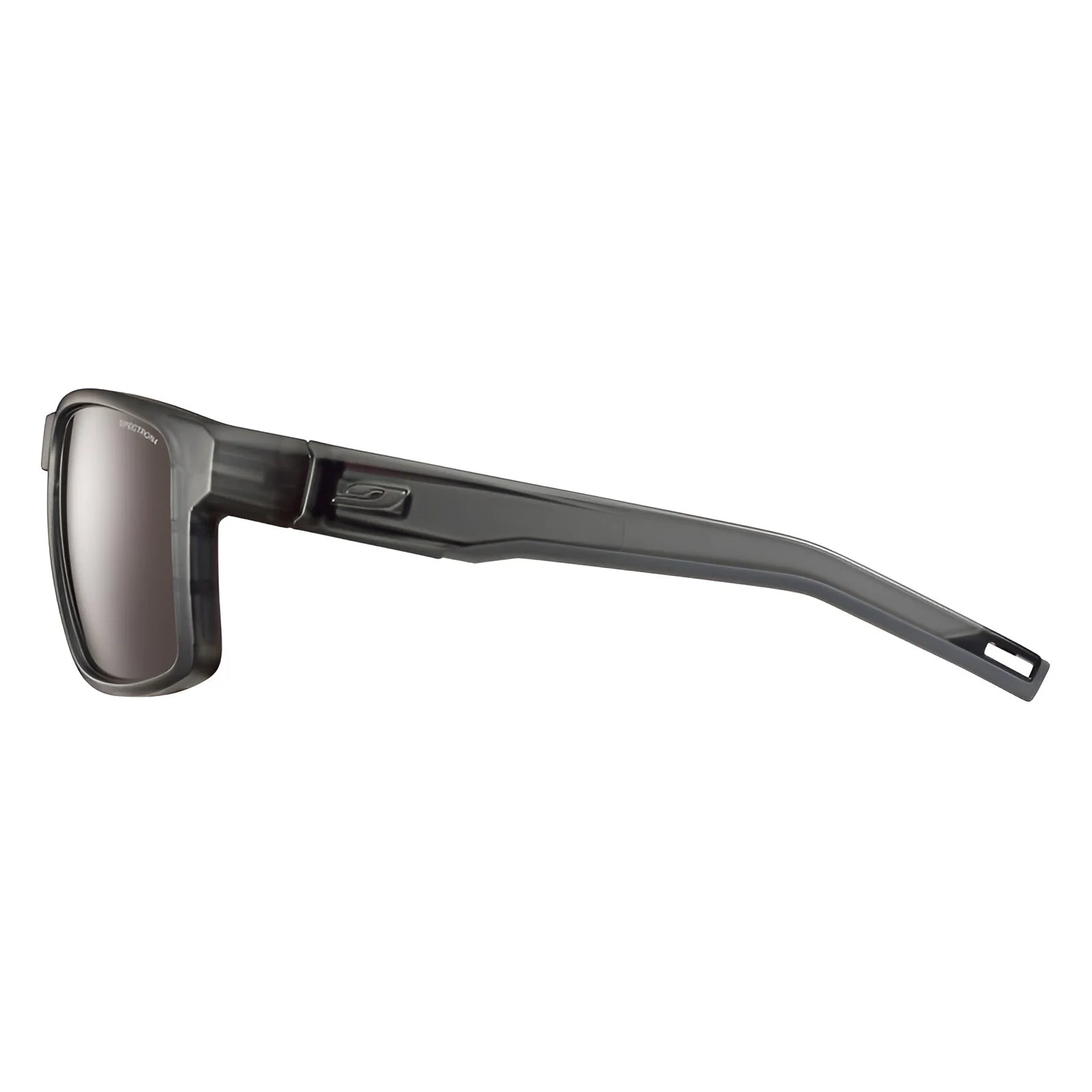 Side view of Julbo Shield Sunglasses in Size 59, showcasing a Grip Nose for stability, with rectangular frames and angular temples, set against a white background. Side view of Julbo Shield Sunglasses in Size 59, showcasing a Grip Nose for stability, with rectangular frames and angular temples, set against a white background.