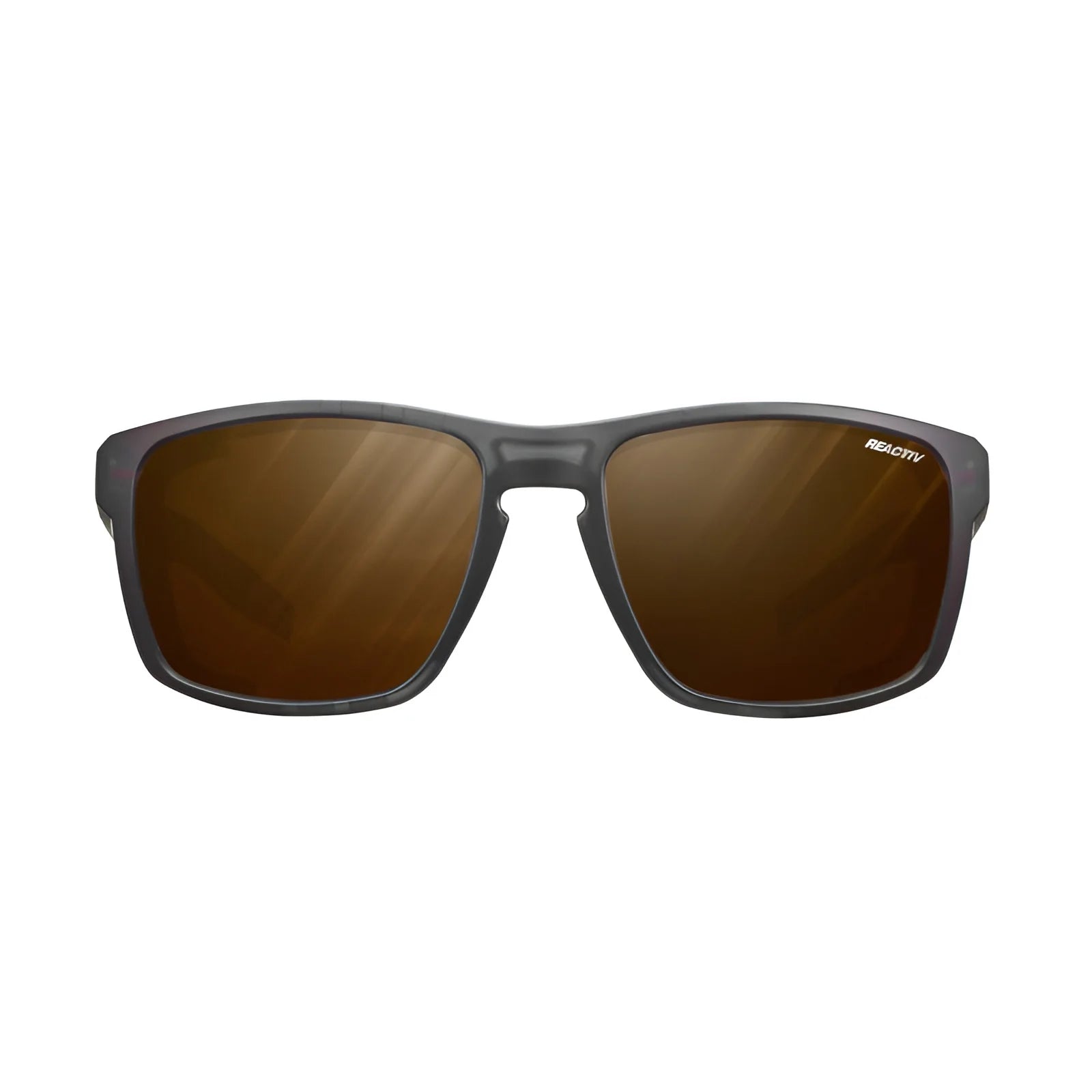 The Julbo Shield Sunglasses, Size 59, are black with brown-tinted lenses and feature Grip Nose technology for comfort. The Julbo Shield Sunglasses, Size 59, are black with brown-tinted lenses and feature Grip Nose technology for comfort.