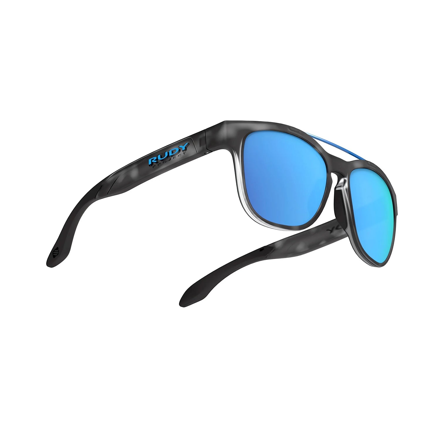 Rudy Project Spinair 59 Sunglasses (Size 52) in black with blue mirrored lenses, displayed at an angle on a white background—ideal for active lifestyles. Rudy Project Spinair 59 Sunglasses (Size 52) in black with blue mirrored lenses, displayed at an angle on a white background—ideal for active lifestyles.