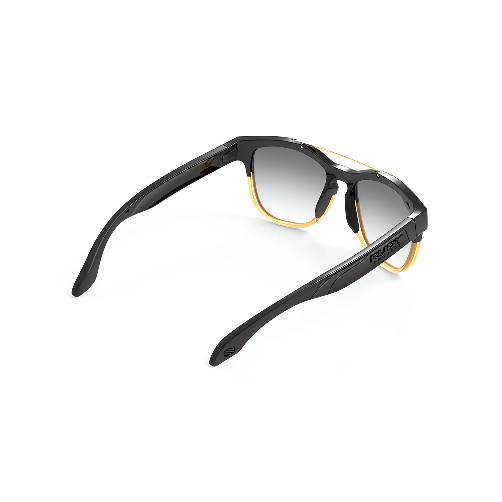 Rudy Project Spinair 59 Sunglasses (Size 52) in black and yellow with gradient lenses, shown from a rear side angle on a white background—ideal for an active lifestyle. Rudy Project Spinair 59 Sunglasses (Size 52) in black and yellow with gradient lenses, shown from a rear side angle on a white background—ideal for an active lifestyle.