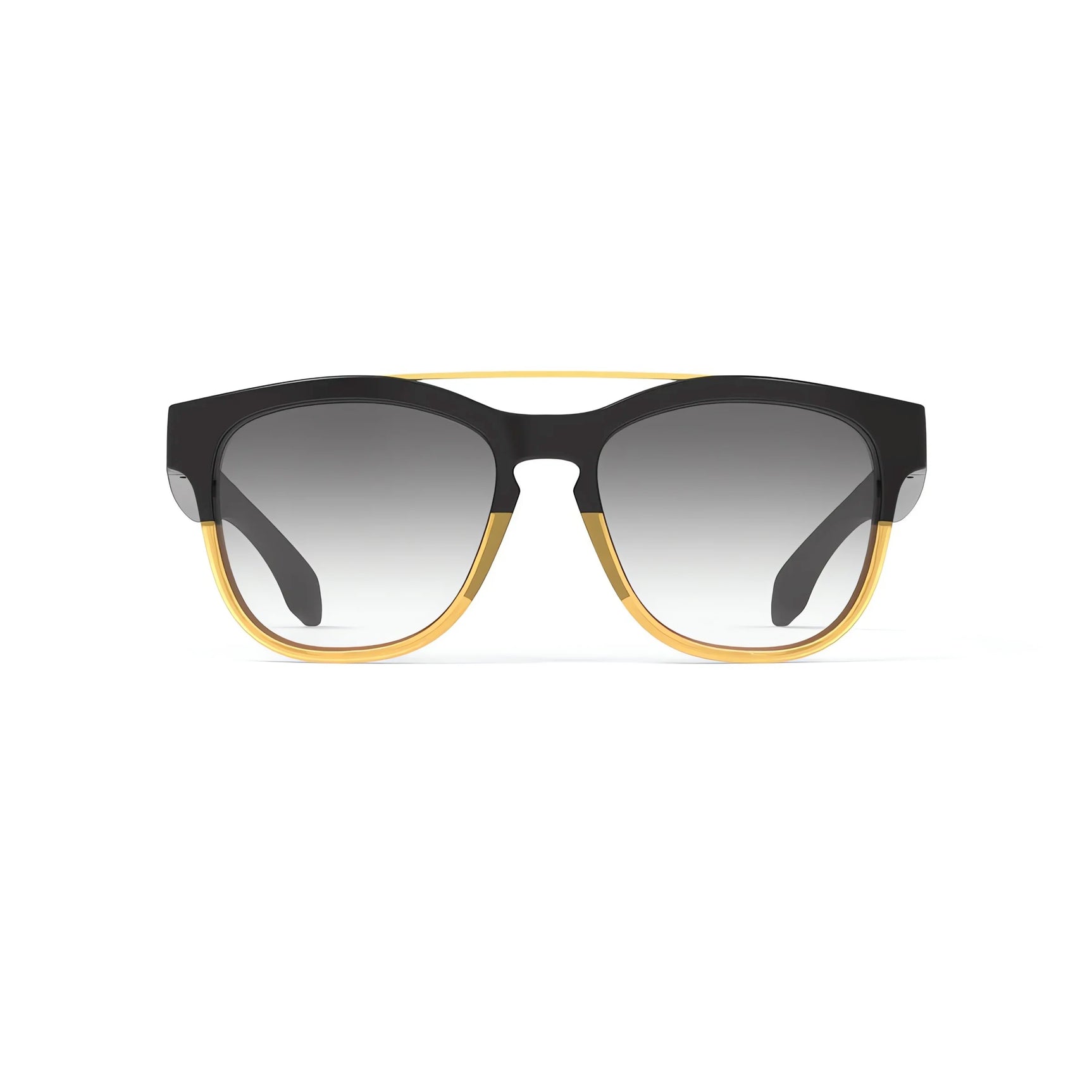 Rudy Project Spinair 59 Sunglasses | Size 52 in black and yellow, featuring gradient lenses—ideal for active lifestyles and performance—are shown front-facing on a white background. Rudy Project Spinair 59 Sunglasses | Size 52 in black and yellow, featuring gradient lenses—ideal for active lifestyles and performance—are shown front-facing on a white background.