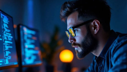 Person with glasses focuses on computer screens in a dimly lit room with a blurred background.