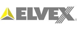 Logo with "ELVEX" in gray capital letters and a yellow and gray triangular design on the left.