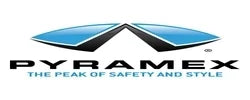 Logo of Pyramex with a stylized blue and black design above the text, "The Peak of Safety and Style.