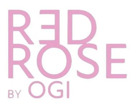 Stylized pink text saying "RED ROSE BY OGI" on a white background.