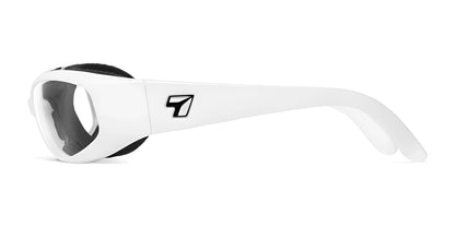 The 7eye Chubasco Sunglasses | Size 61 by 7eye are white wraparound sports goggles featuring black padding and a logo with a stylized number 7 on the side. They provide 100% UVA/UVB protection and are equipped with Windproof AirShield technology for top-notch performance.