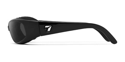 Side view of the black wrap-around 7eye Chubasco Sunglasses | Size 61, featuring Windproof AirShield and a small logo on the arm, offering 100% UVA/UVB protection from the renowned brand 7eye.