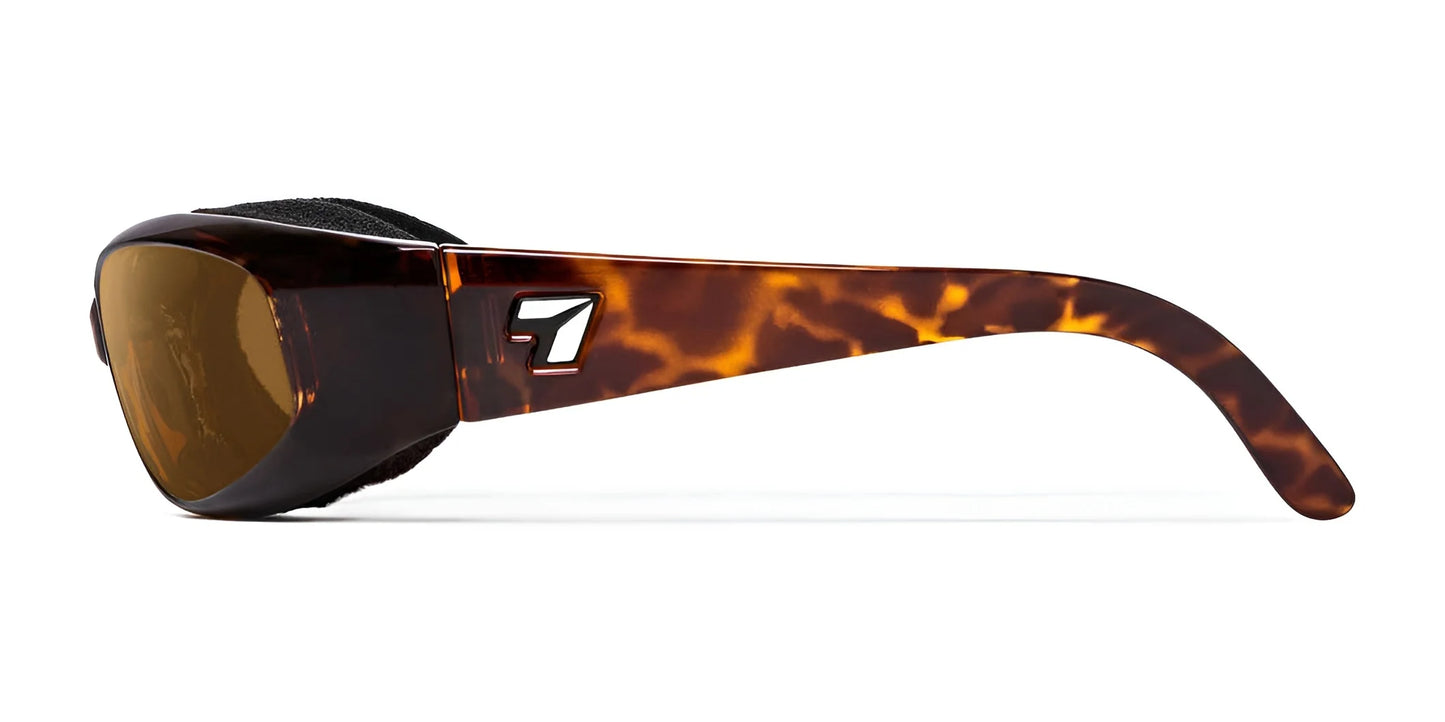 Side view of 7eye Chubasco Sunglasses, Size 61, featuring tortoiseshell frames with brown lenses and a distinctive number one logo on the temple, offering 100% UVA/UVB protection.