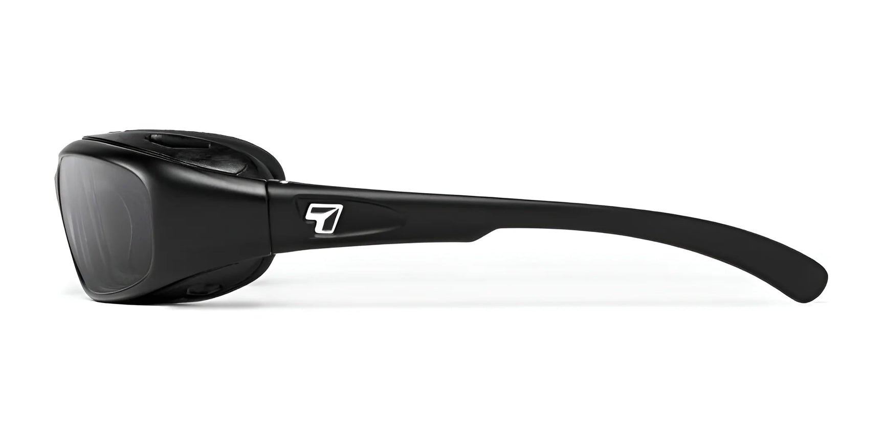 The 7eye Churada Sunglasses, size 59, boast a sleek design with black wraparound frames and temple logo. Featuring AirShield wind-blocking foam eyecups and 100% UVA/UVB protection, these shades combine style with superior defense against harsh elements.