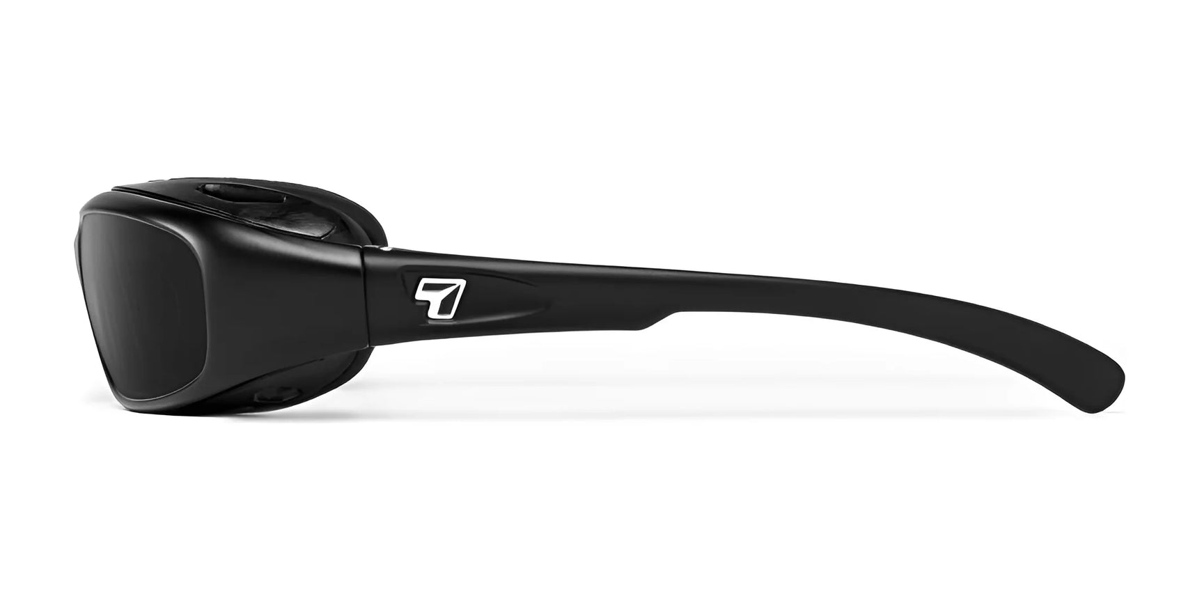 Side view of sleek black 7eye Churada Sunglasses (Size 59) with 100% UVA/UVB protection and a white logo on the temple arm, set against a white background.