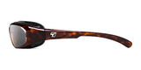 Side view of 7eye Churada tortoiseshell wraparound sunglasses, size 59, featuring a small logo on the arm and offering 100% UVA/UVB protection for optimal eye safety.