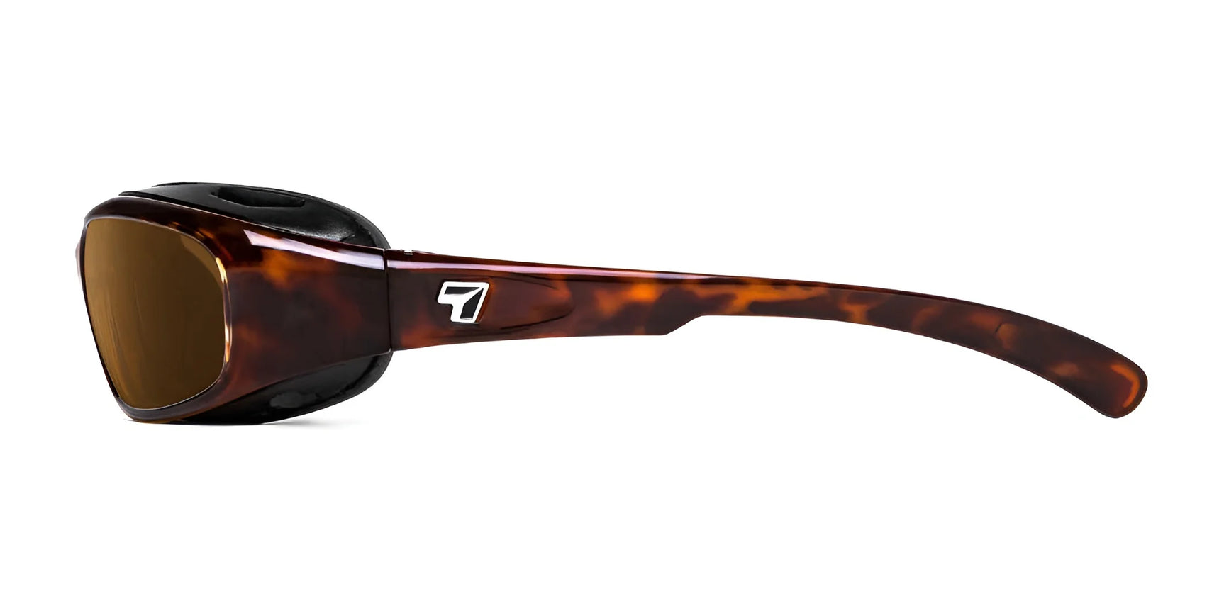 Side view of 7eye Churada tortoiseshell sunglasses in size 59, featuring AirShield Wind Blocking Foam Eyecup and black padding with a small silver logo on the arm. Enjoy style and 100% UVA/UVB protection from the trusted brand 7eye.