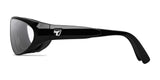 Side view of the 7eye Diablo Sunglasses in sleek black, showcasing a silver logo on the arm and enhanced with AirShield Technology for superior UVA/UVB protection.